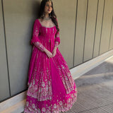 Crafted Pink Georgette Top Lehenga