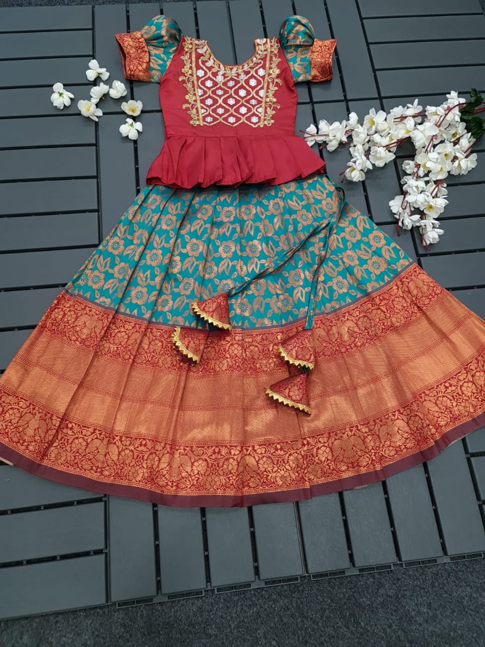 Lichi Silk Zari Weaving Kids Lehenga