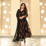 Black Flower Print Anarkali Gown