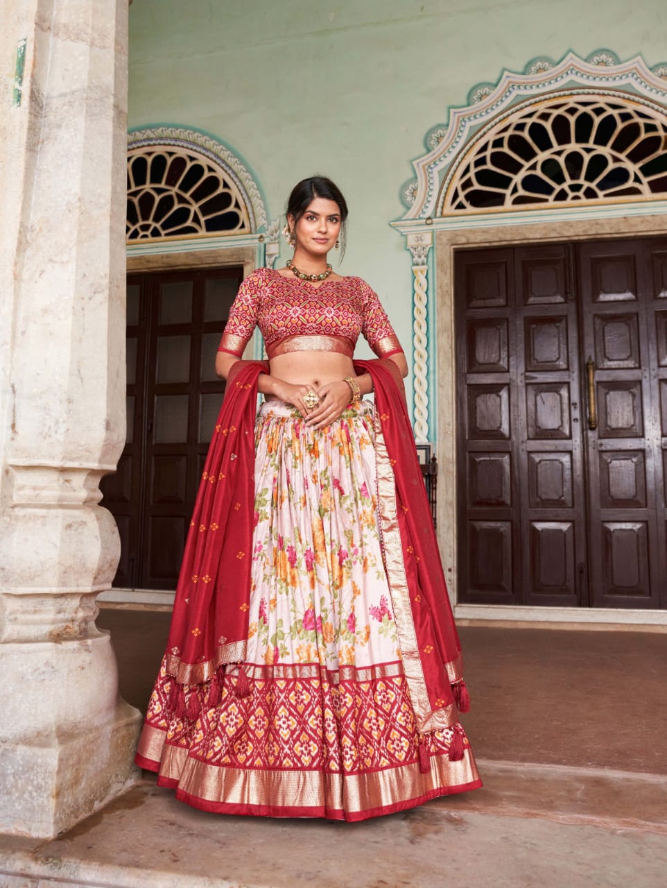 Beautifull Floral Printed Tussar Silk Lehenga