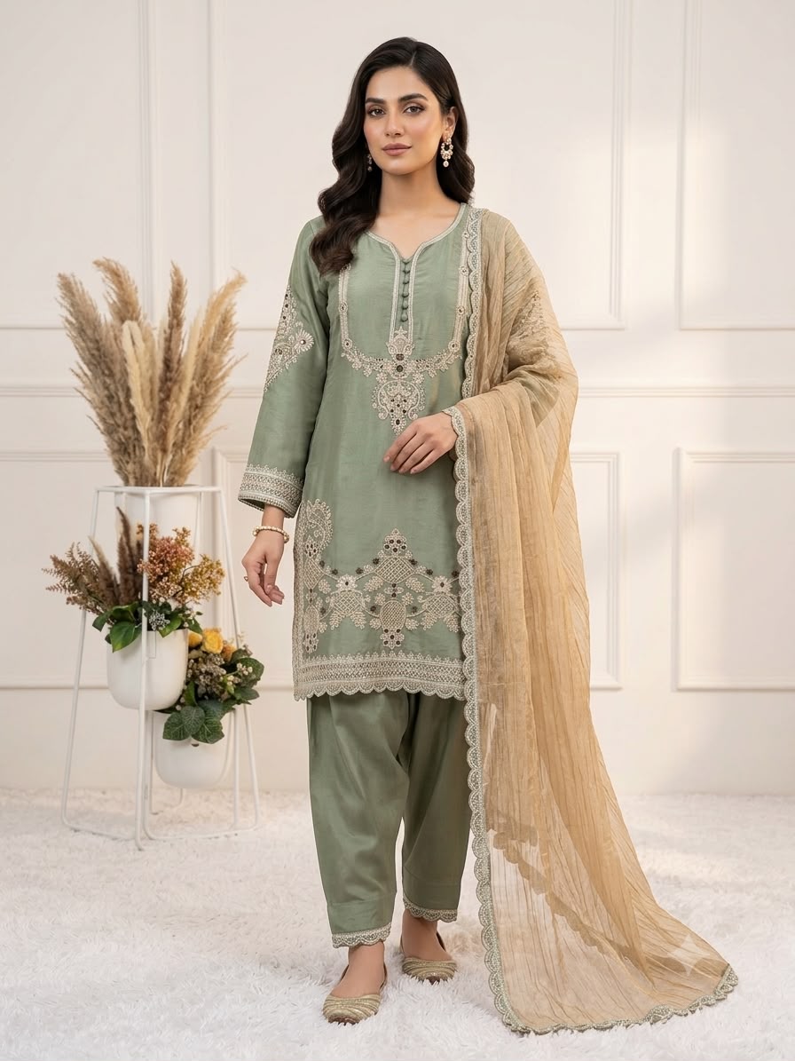 Stunning Embroidered Satin Suit