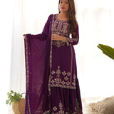 Wine Ethnic Embroidered Straight Suit
