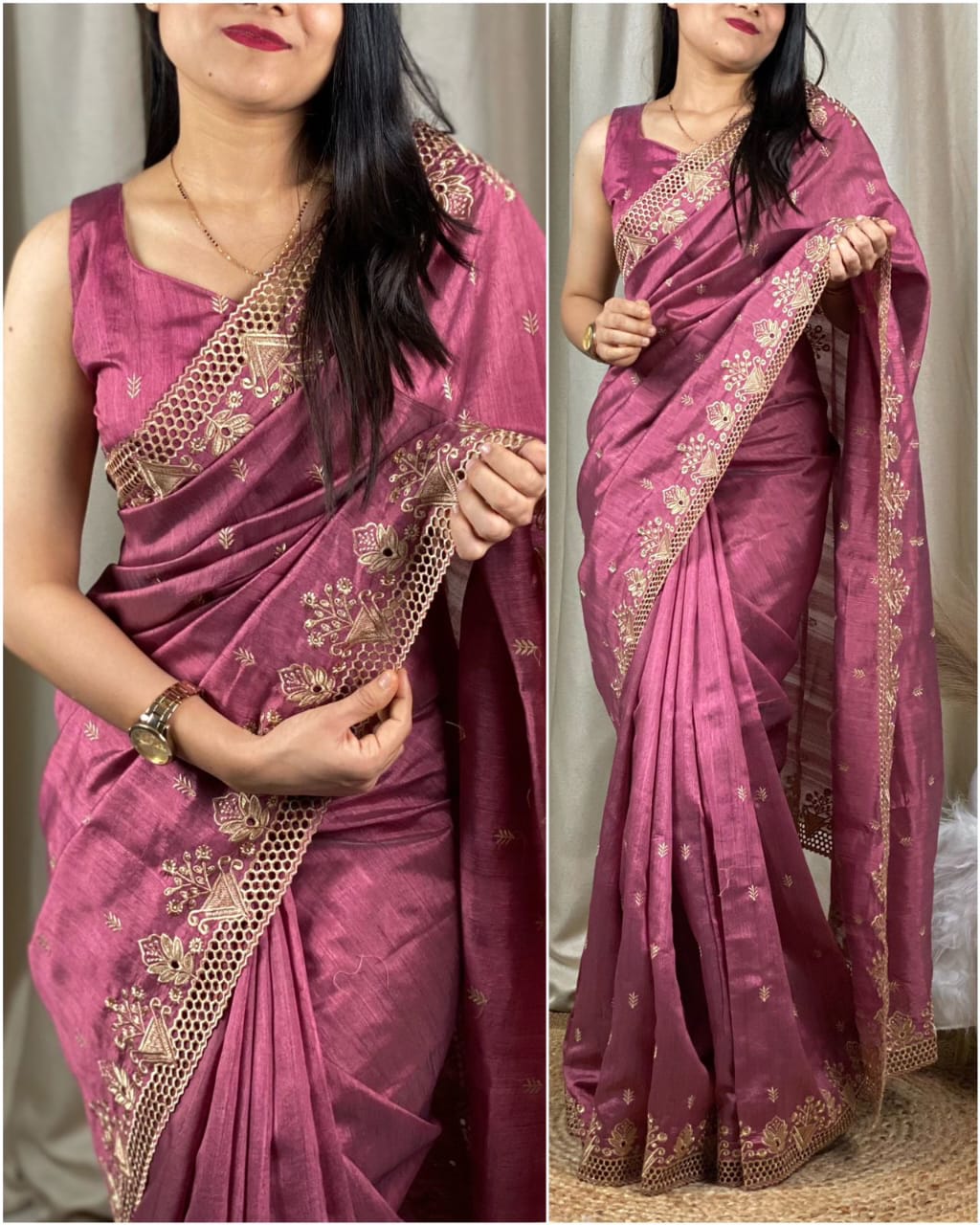 stunning cut work visca slub silk saree.