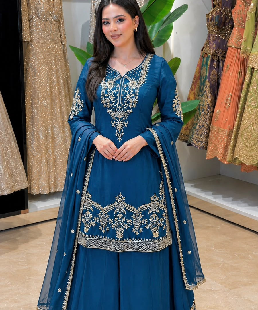 Attractive Embroidered Silk Top Plazzo
