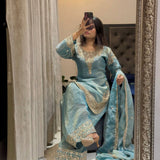 Trendy Sky Silk Embroidered Suit