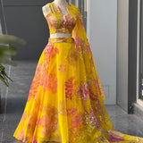 Yellow Organza Printed Lehenga Choli