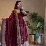 Maroon Georgette Embroidered Gown
