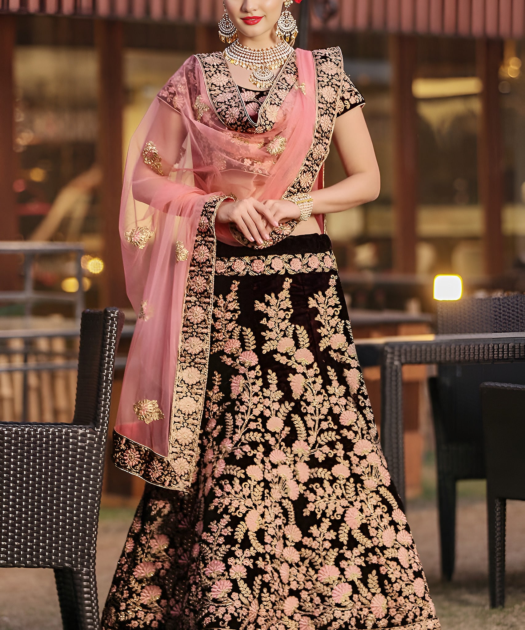 Bridal Maroon Velvet Embroidered Lehenga