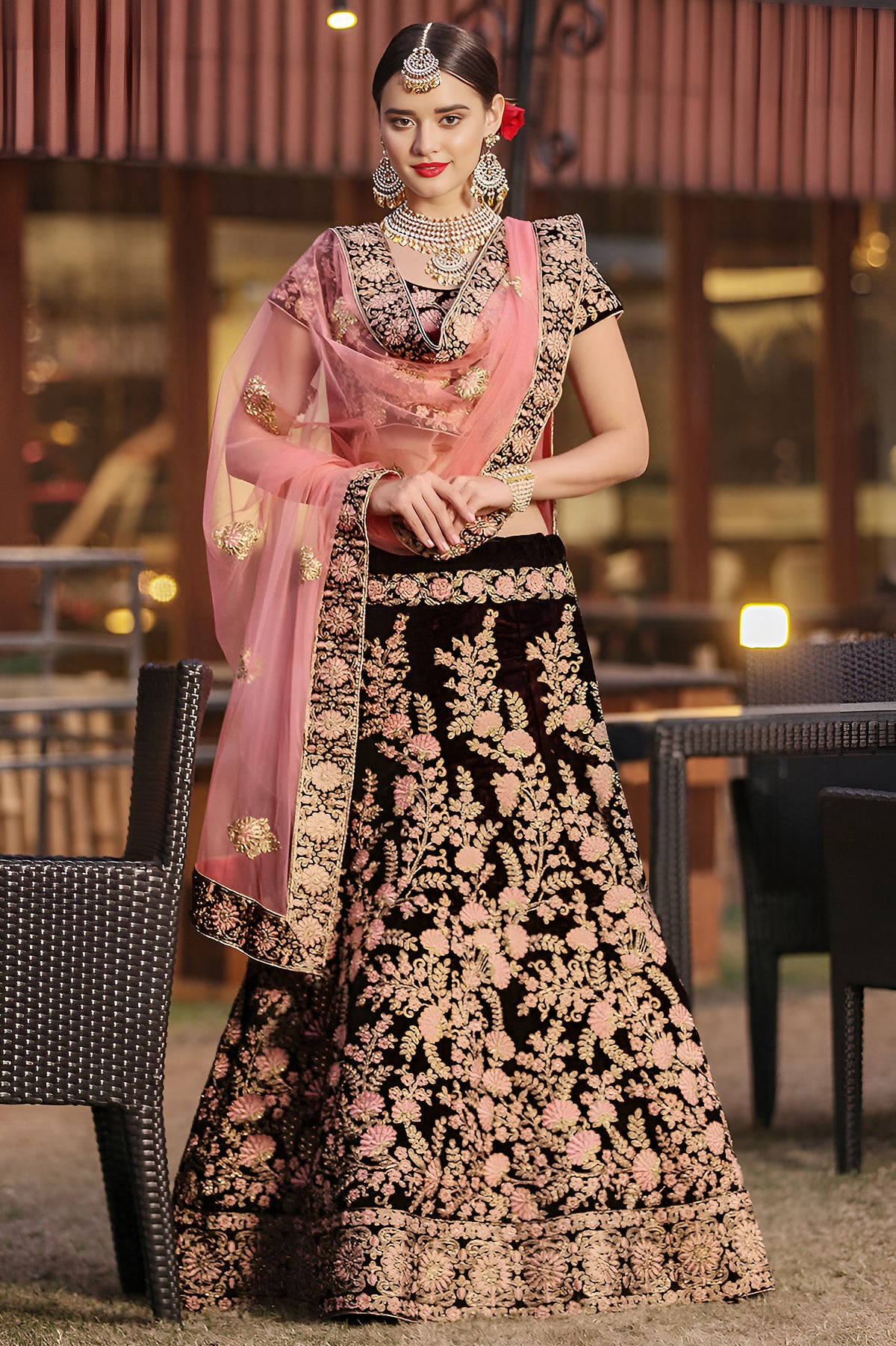 Bridal Maroon Velvet Embroidered Lehenga