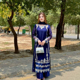 Dark Blue Embroidered Straight Suit