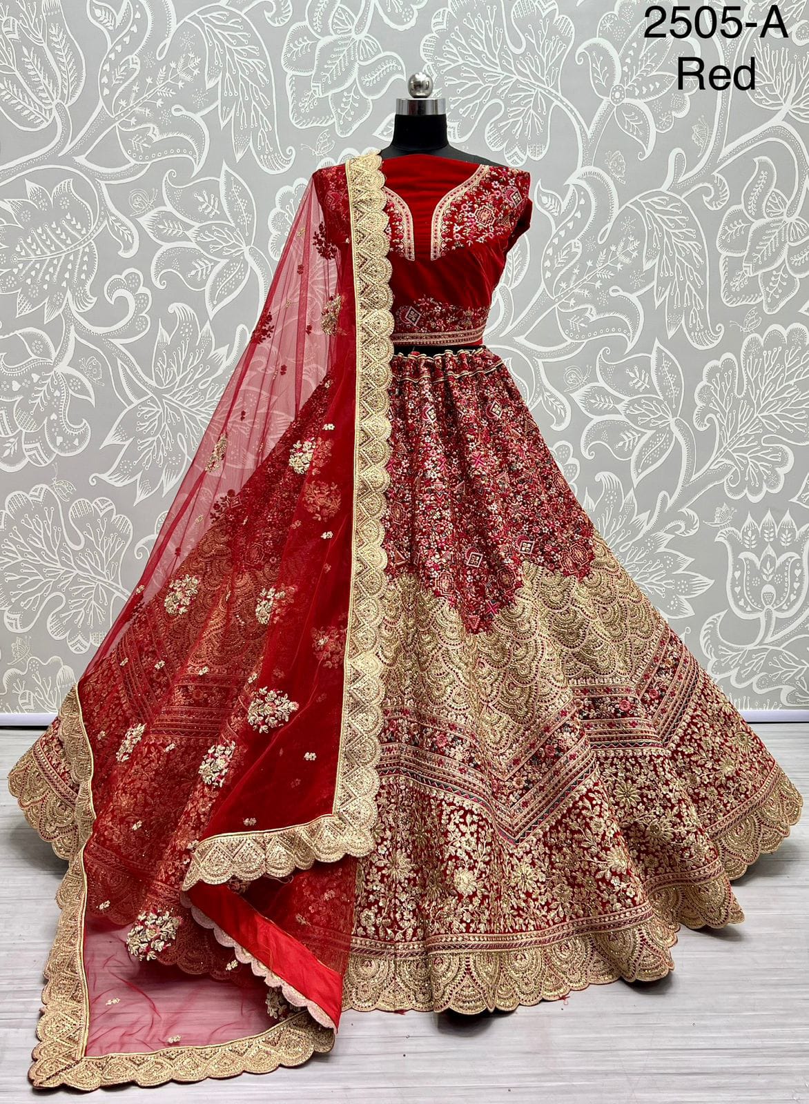 Neatly crafted Thread embroidery with Dori work bridal Lehengacholi