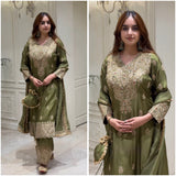 Olive Embroidered Roman Silk Suit