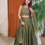 Draped Olive Silk Lehenga Choli