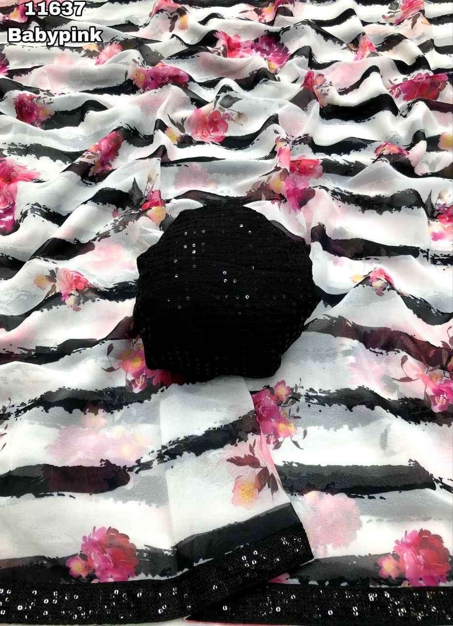 Floral Black Chiffon Saree