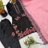 Beautiful Black Embroidered Roman Silk Suit