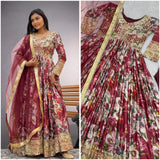 Maroon Flower Print Anarkali Gown