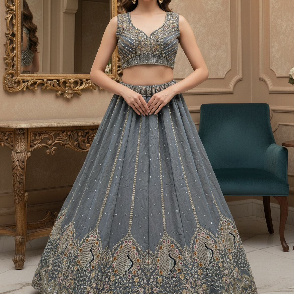 Adorn Bridal Peacock Embroidered Lehenga