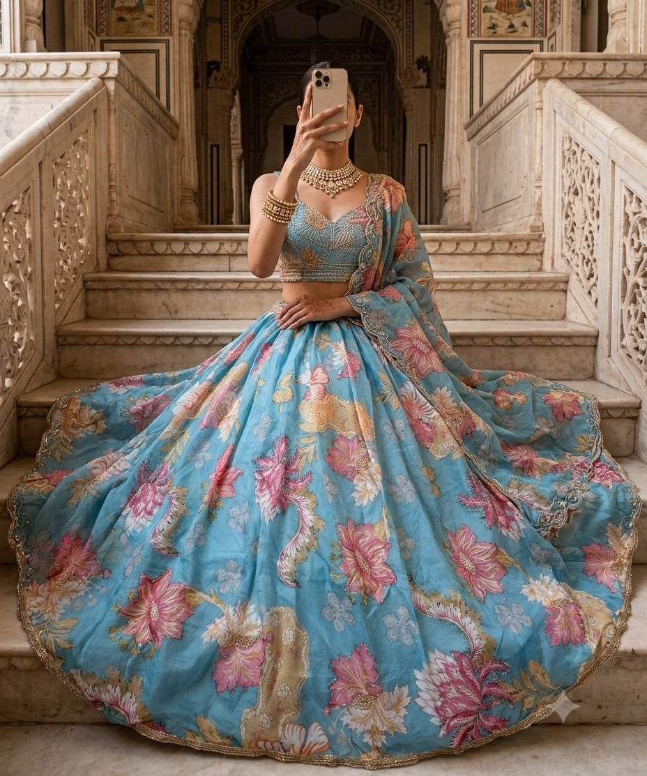Sky Premium Silk Printed Lehenga