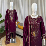 Wine Sparkle Roman Silk Straight Suit