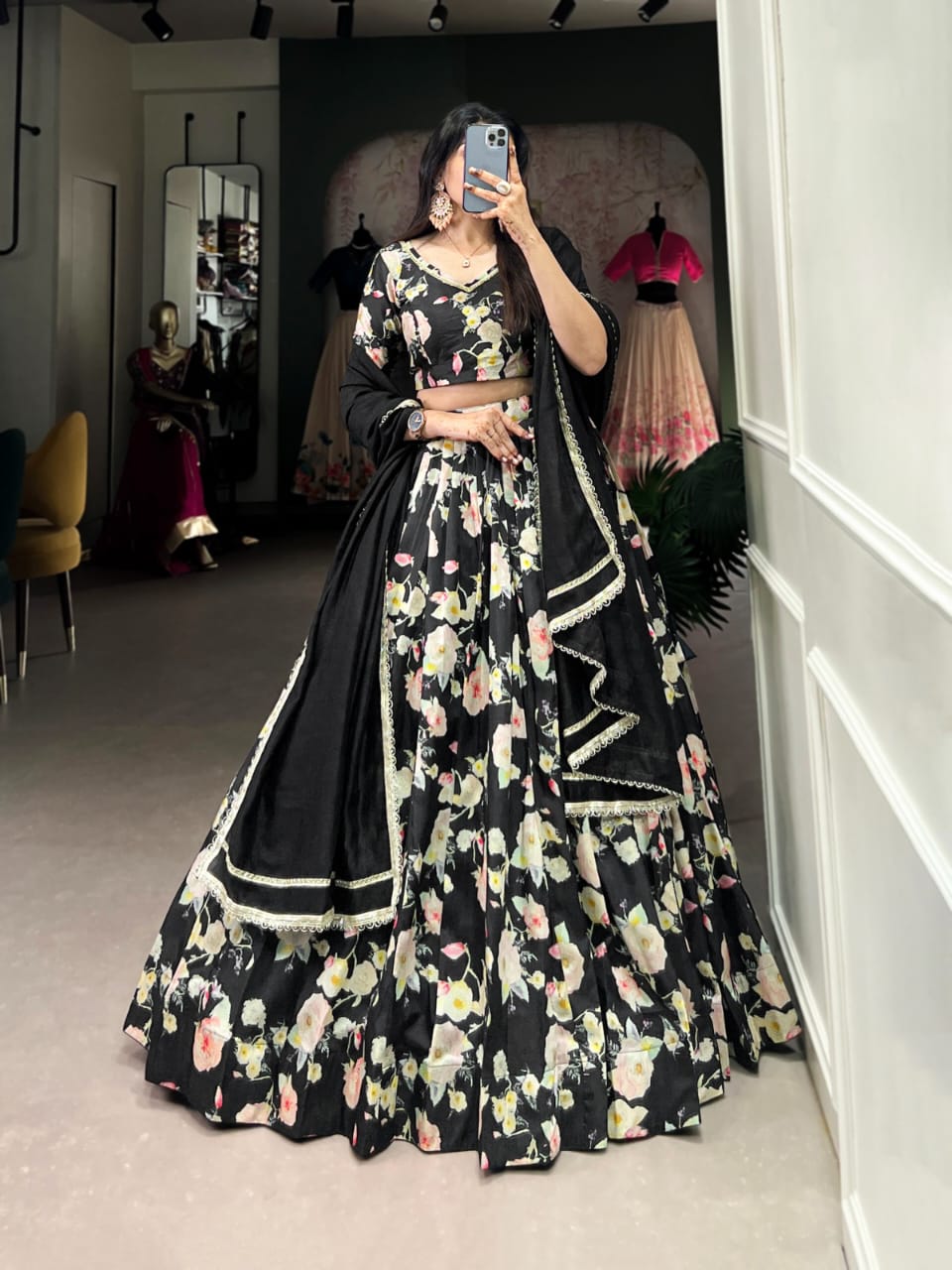 Black Flower Print Tusse Lehenga