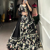 Black Flower Print Tusse Lehenga