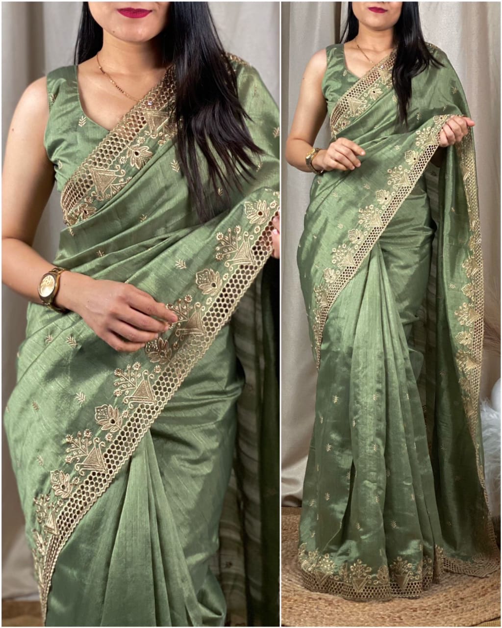 stunning cut work visca slub silk saree.