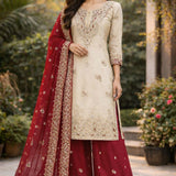 Creamy Partywear SIlk Suit