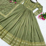 Olive Heavy Embroidery  Sequnace Gown