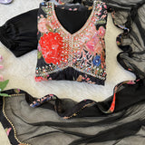 Black Flower Print Anarkali Gown
