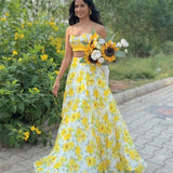 Yellow Printed Organza Silk Lehenga Choli