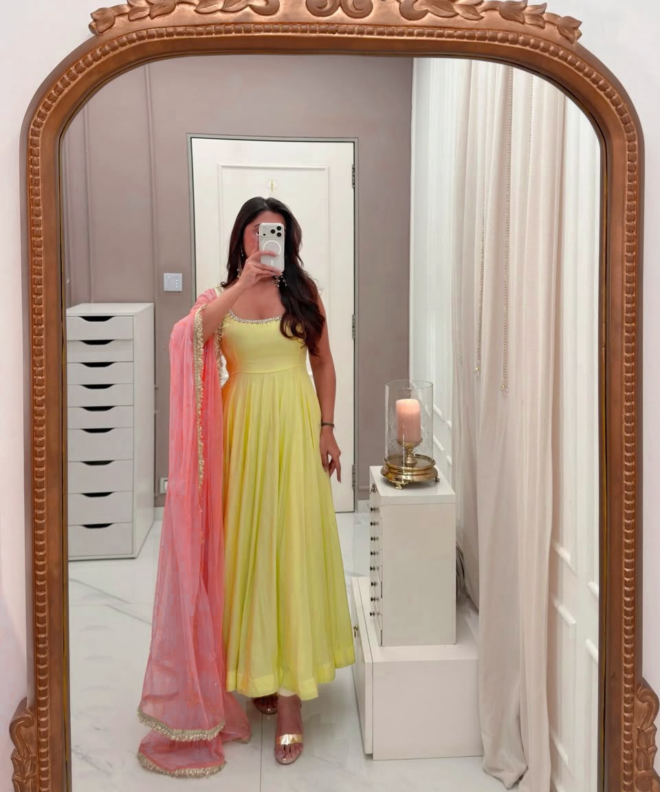 Yellow Anarkali Set with Pink Dupatta