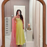 Yellow Anarkali Set with Pink Dupatta