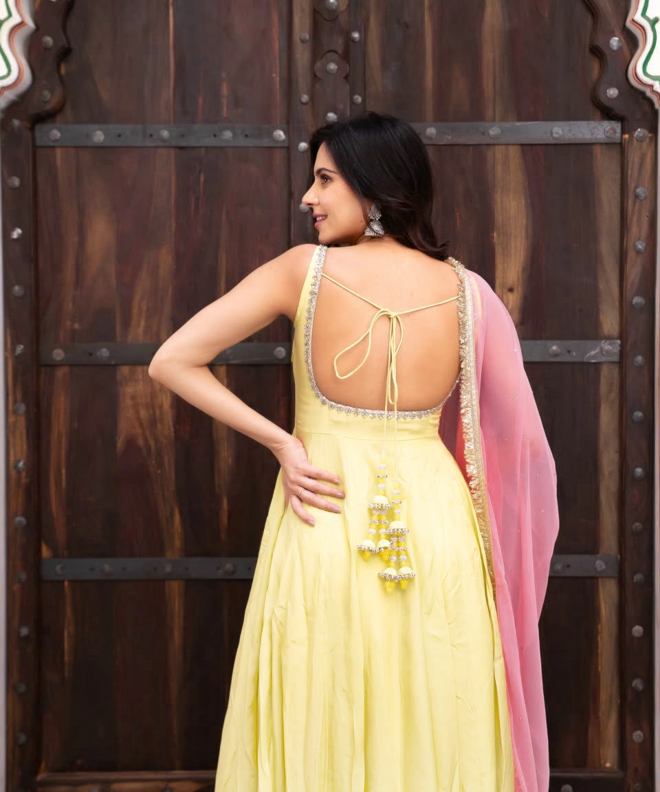 Yellow Anarkali Set with Pink Dupatta