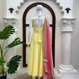 Yellow Anarkali Set with Pink Dupatta