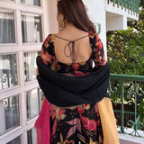 Black Floral Digital Print Organza Anarkali Set