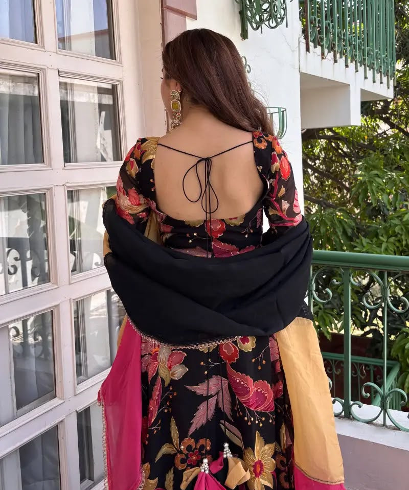 Black Floral Digital Print Organza Anarkali Set