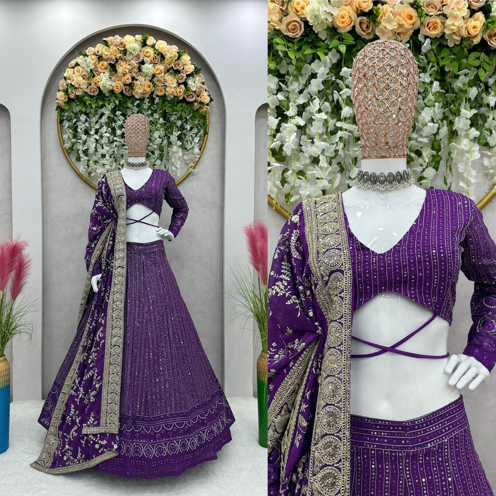 Purple Lukhnowi Pata Work Lehenga Choli