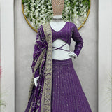 Purple Lukhnowi Pata Work Lehenga Choli