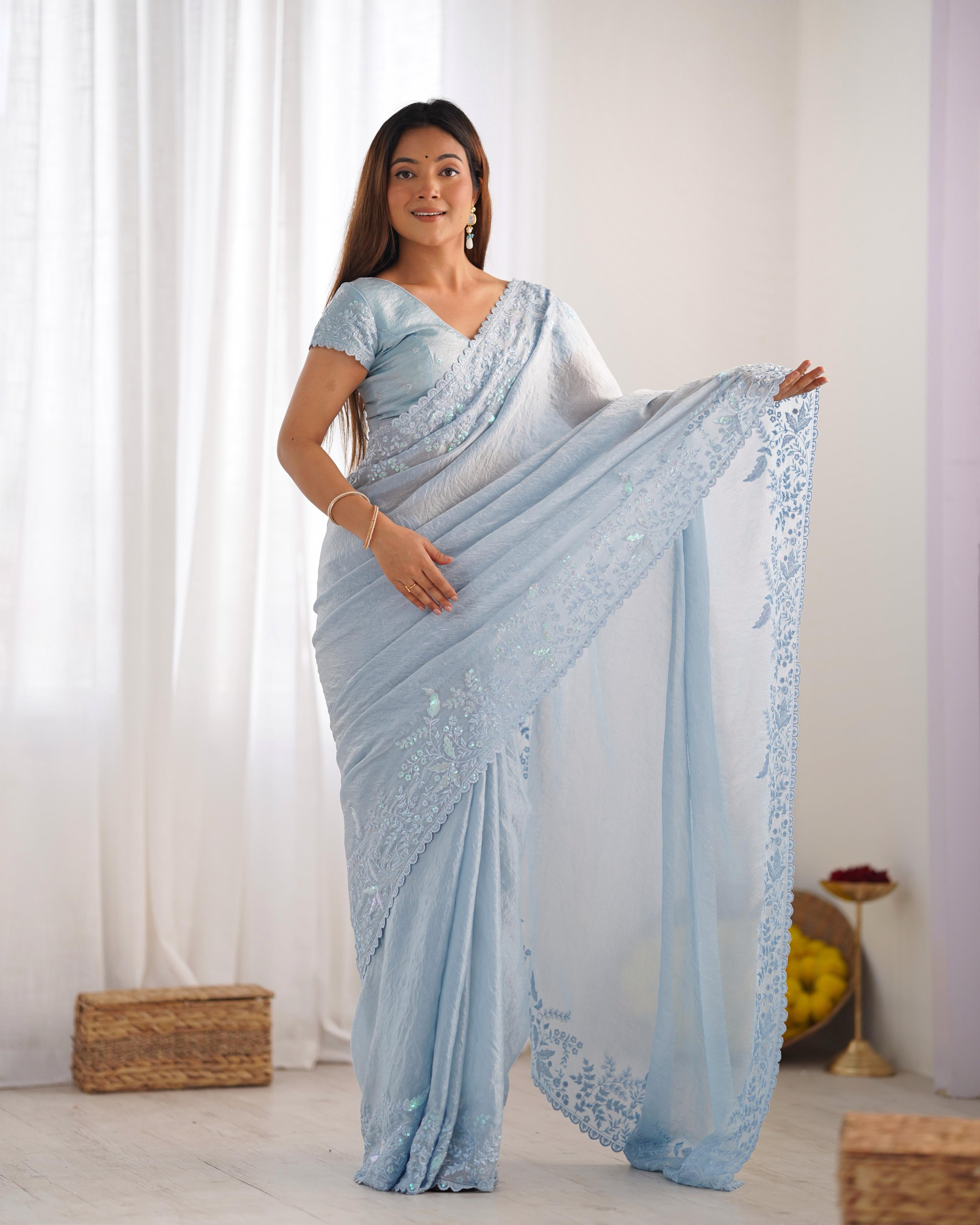 Festive Embroidered Crushed Silk Saree