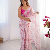 Pink Flower Print Organza Saree