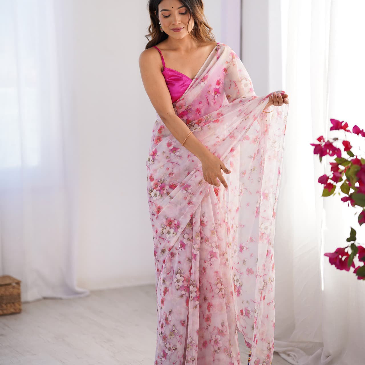 Pink Flower Print Organza Saree