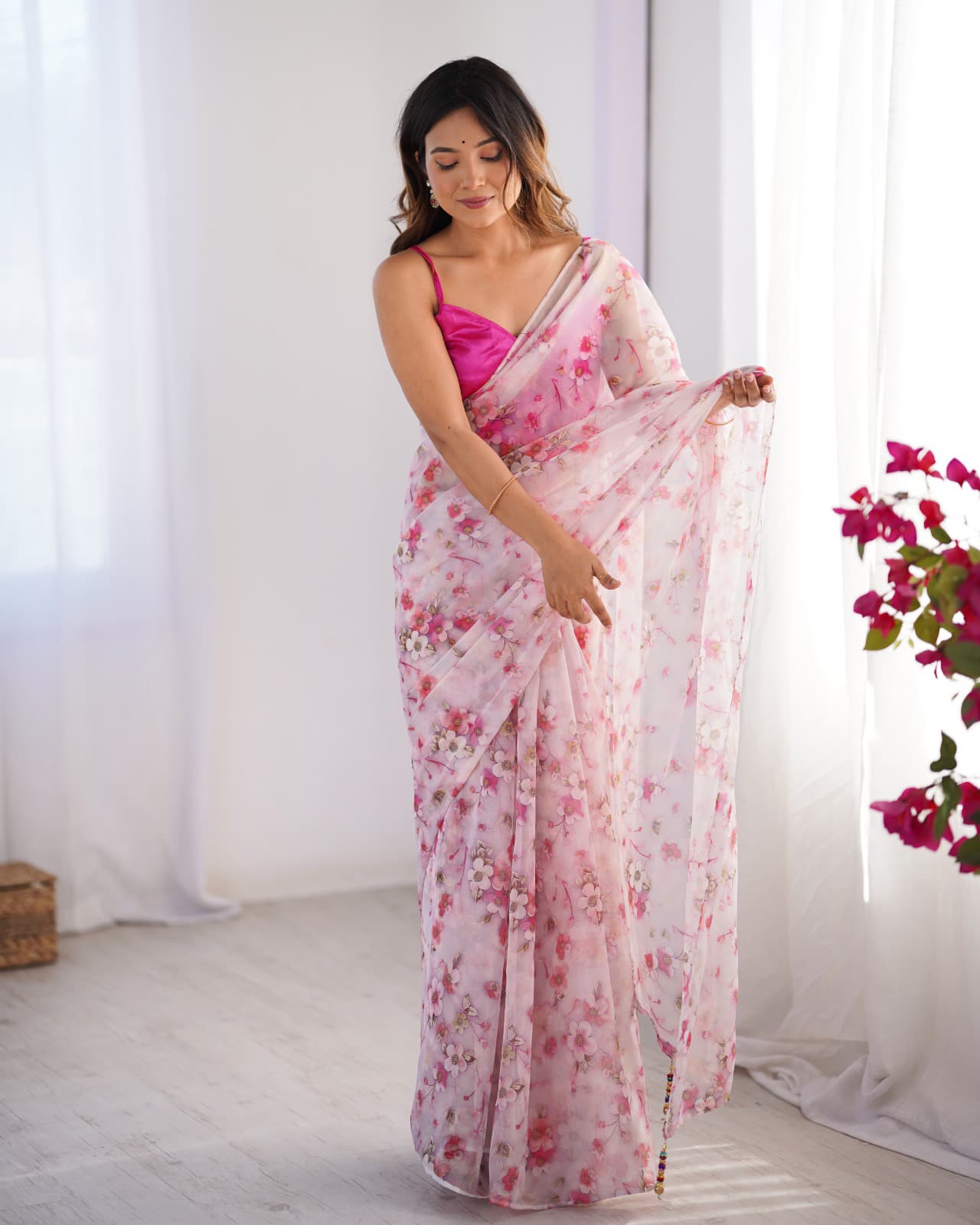 Pink Flower Print Organza Saree