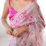 Pink Flower Print Organza Saree