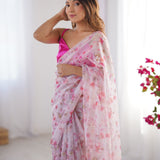 Pink Flower Print Organza Saree