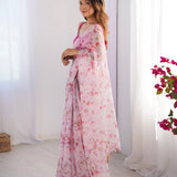 Pink Flower Print Organza Saree