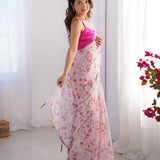 Pink Flower Print Organza Saree