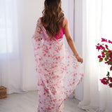 Pink Flower Print Organza Saree