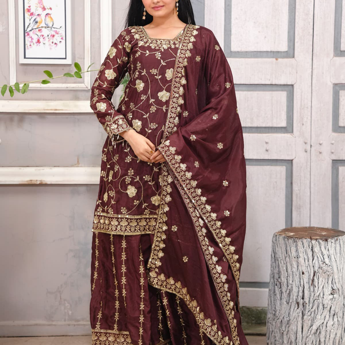 Designer Embroidered Chinon Sharara Suit