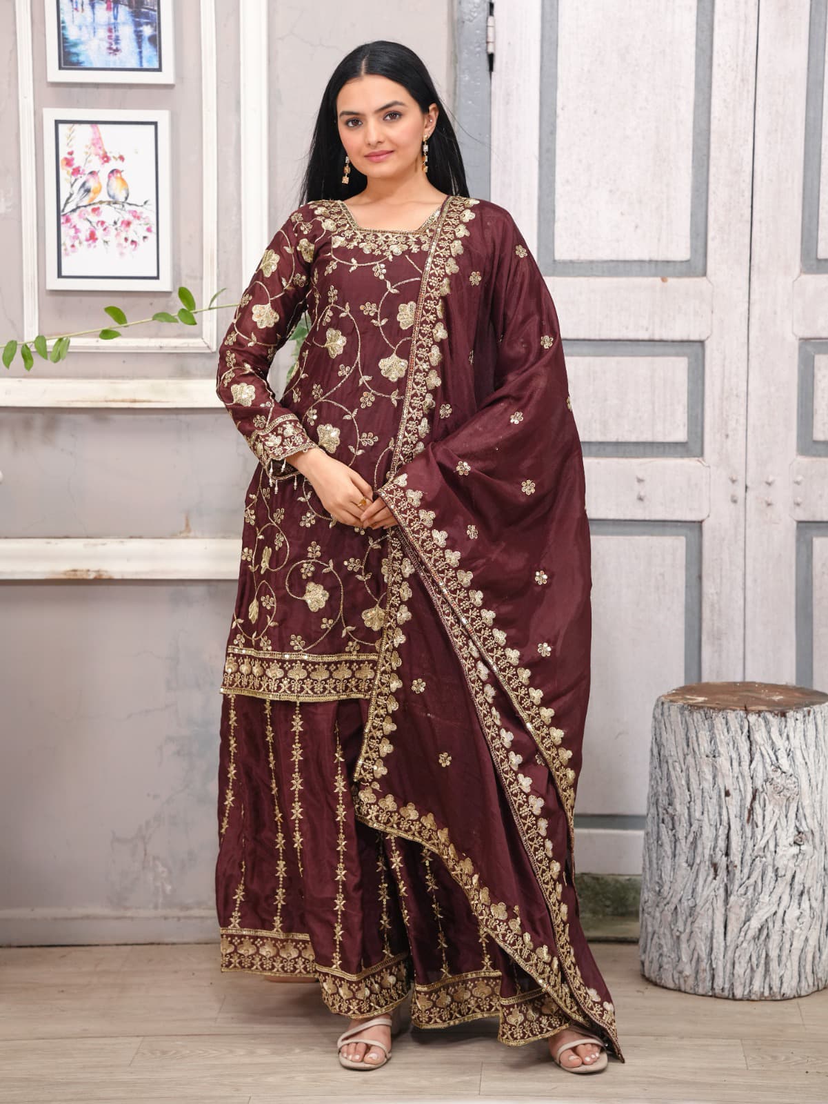 Designer Embroidered Chinon Sharara Suit