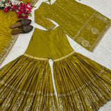 Olive Chinon Embroidered Suit